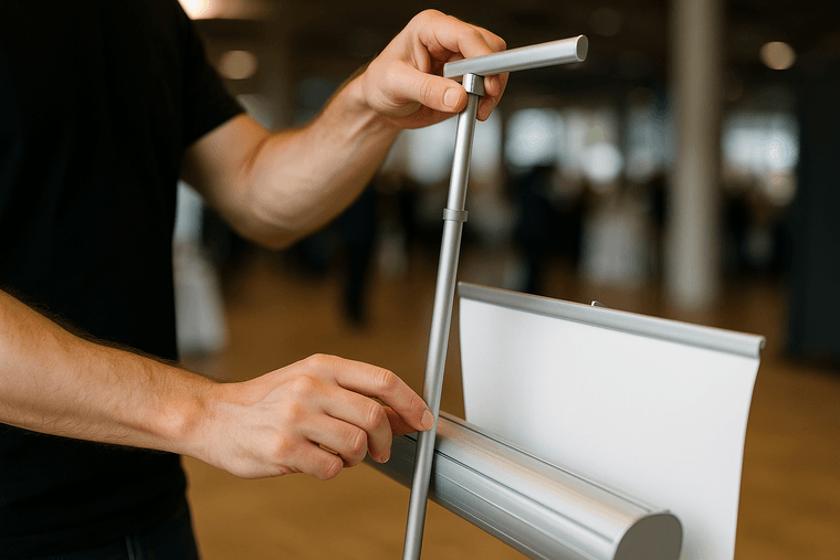 Hands assembling a retractable pull-up banner stand