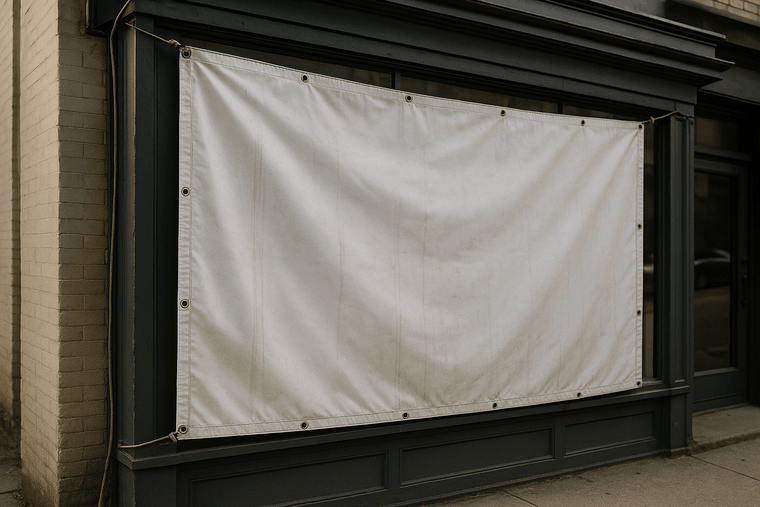 Large vinyl banner mounted on the exterior of a storefront building