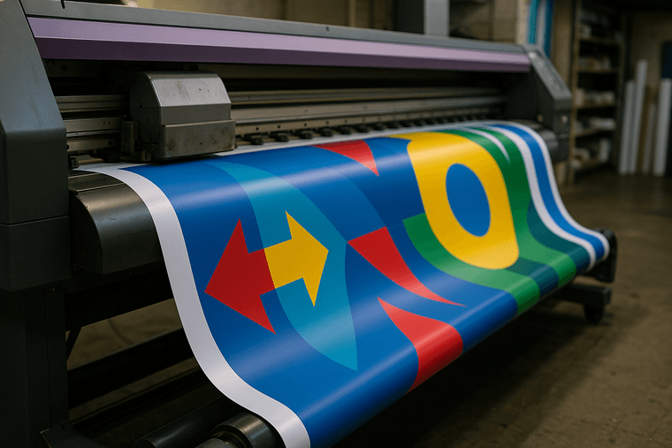 Large-format printer printing a wide colorful vinyl banner