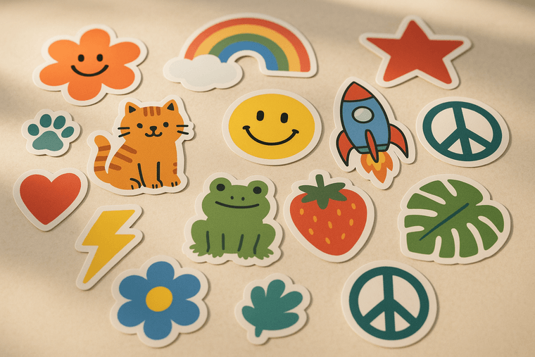Flat sheet of assorted colorful die-cut vinyl stickers and decals