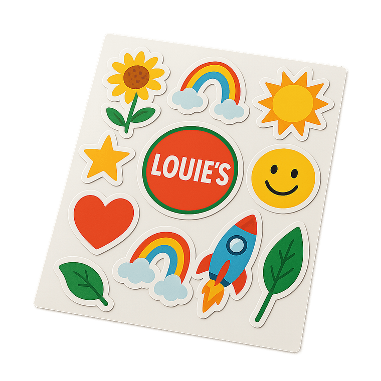 Sheet of colorful die-cut vinyl stickers and decals including a round LOUIE'S logo sticker