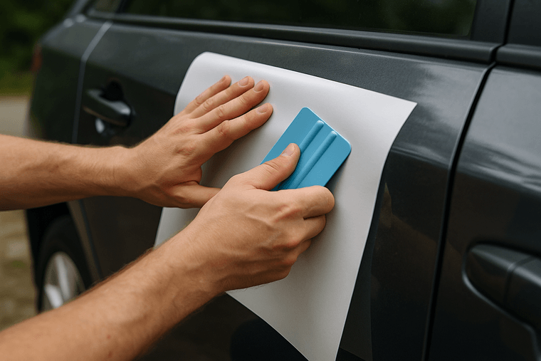 Hands applying a vinyl decal to a car door panel with a squeegee