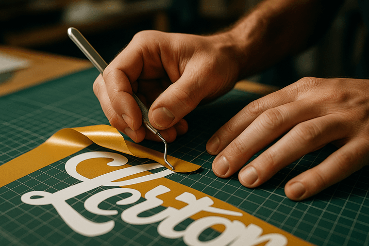 Hands weeding excess vinyl from a freshly cut decal design
