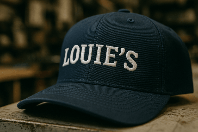 Close-up of a navy baseball cap with an embroidered LOUIE'S logo