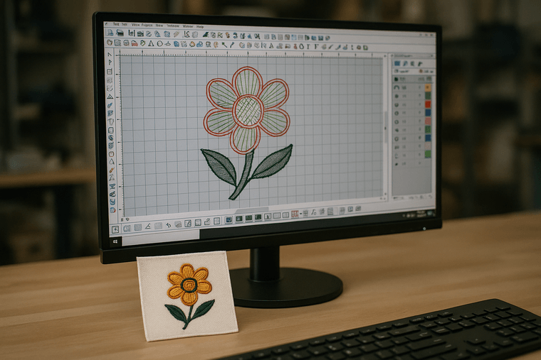 Embroidery digitizing software showing a stitch-path preview next to a fabric sample