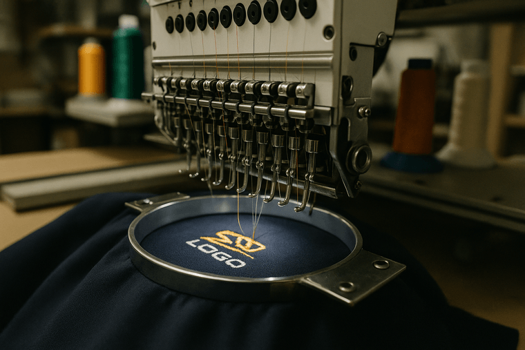 Multi-needle embroidery machine stitching a logo onto navy fabric