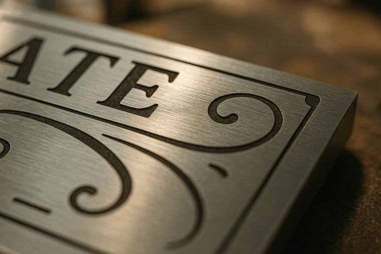 Macro close-up of laser-etched lettering on a brushed metal plate