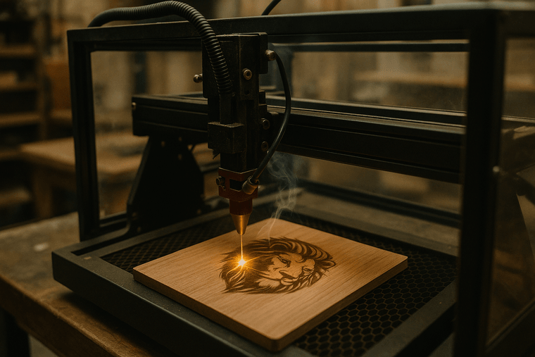 Laser engraving machine etching a design into a wooden plaque