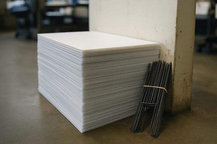 Stack of finished corrugated plastic yard signs in a print shop