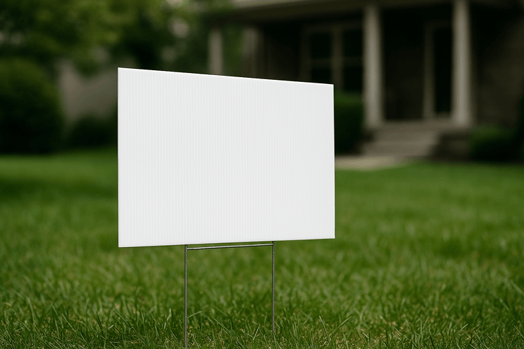 Corrugated plastic lawn sign mounted on a metal H-stake in a grassy yard