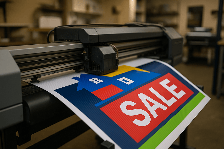 Wide-format printer printing a corrugated plastic yard sign