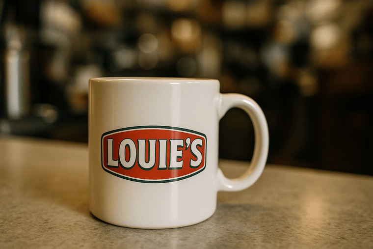 Coffee mug with a full-colour printed LOUIE'S logo