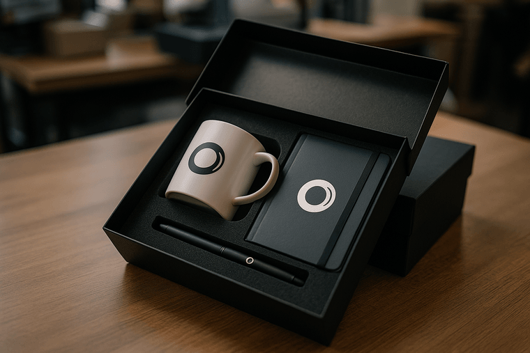 Branded corporate gift box set with a mug, pen, and notebook