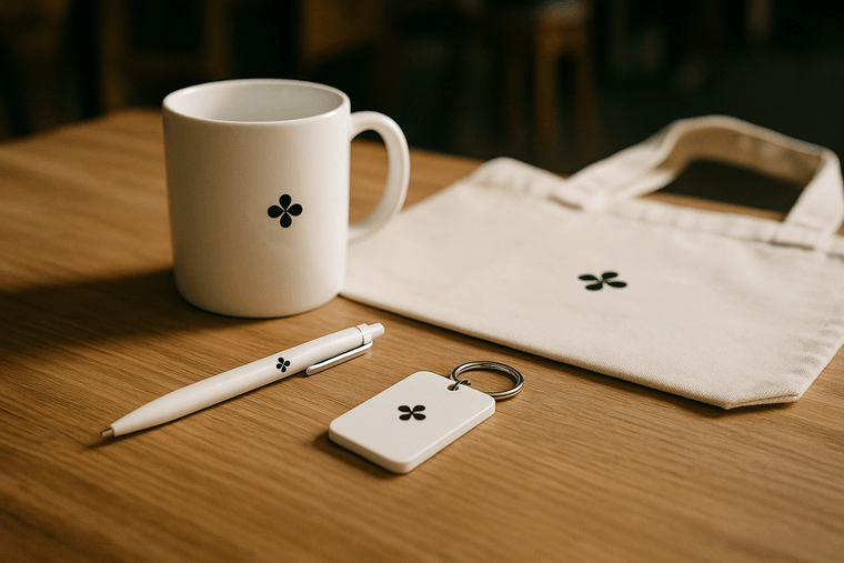 Flat-lay of assorted branded promotional products including a mug, pen, and tote bag