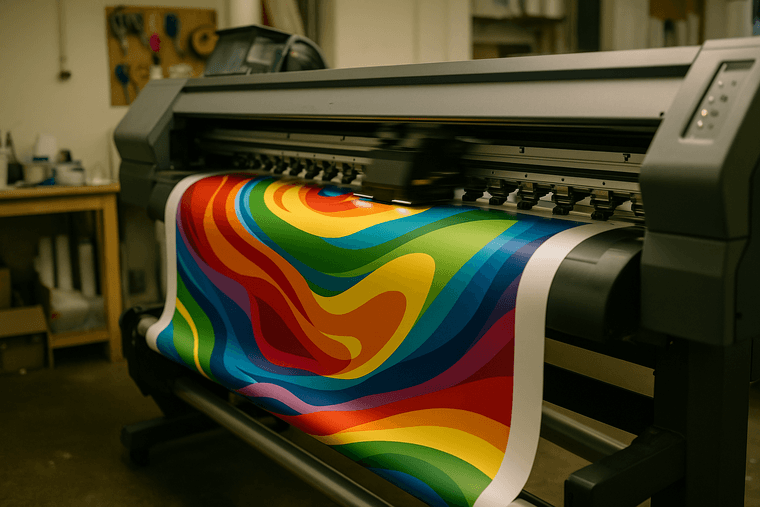 Wide-format printer printing a large colorful vinyl banner