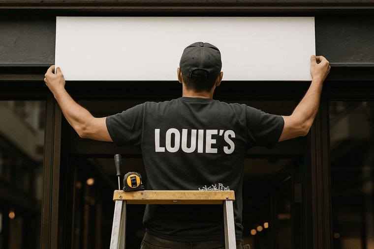 Worker in a LOUIE'S branded shirt installing a storefront sign above a shop entrance