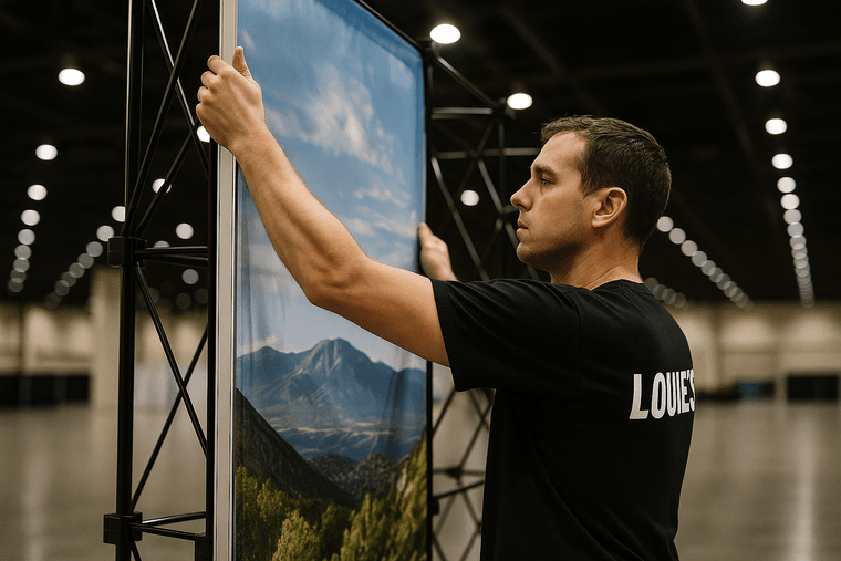 Worker in a LOUIE'S branded shirt assembling a pop-up trade show booth display