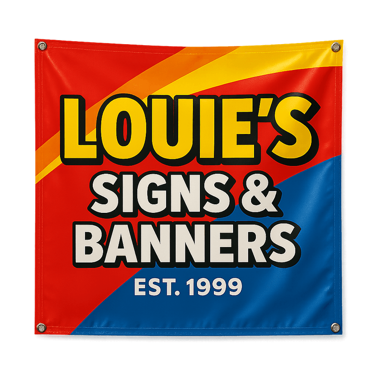 Colorful printed vinyl banner reading Louie's Signs and Banners, Est. 1999