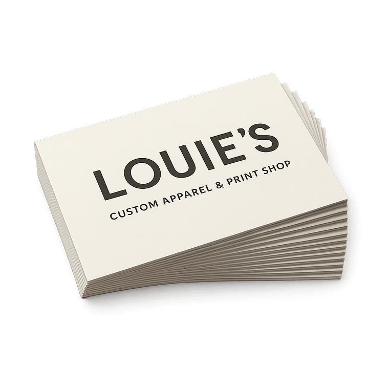 Stack of premium fanned business cards printed with the Louie's logo