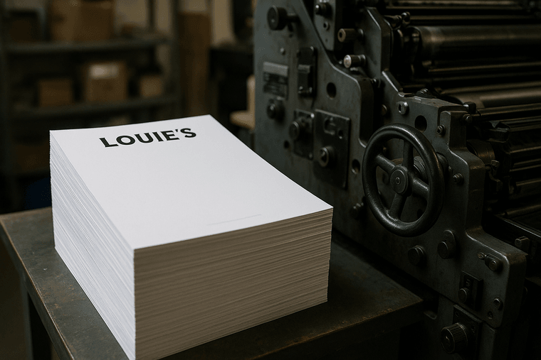 Stack of printed LOUIE'S letterhead paper beside a printing press