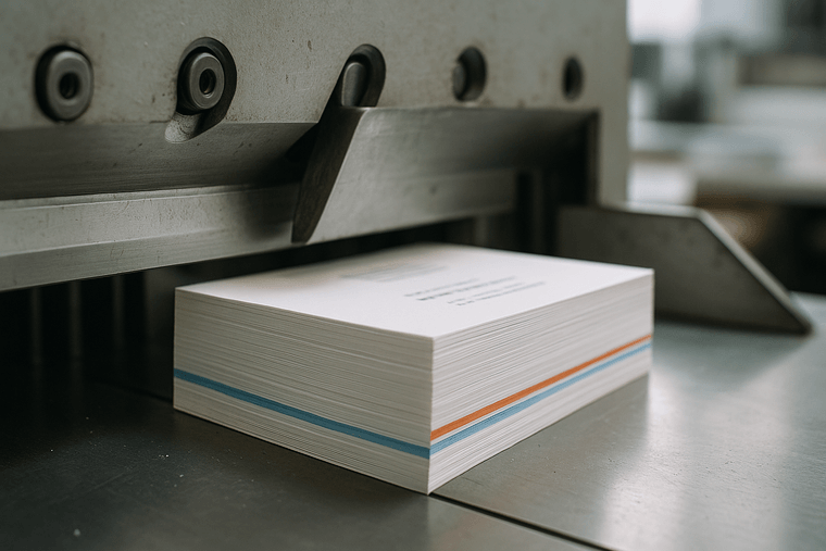 Industrial paper cutter trimming a stack of freshly printed business cards