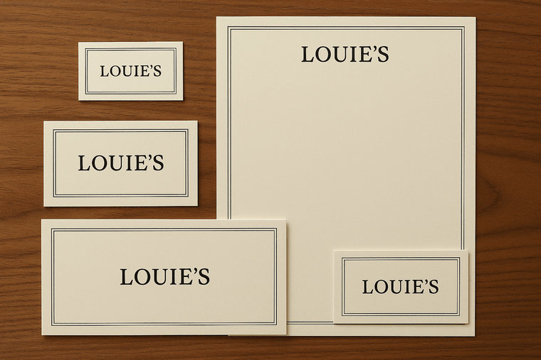 Flat-lay of a coordinated LOUIE'S branded stationery suite including business card, letterhead, envelope, and postcard