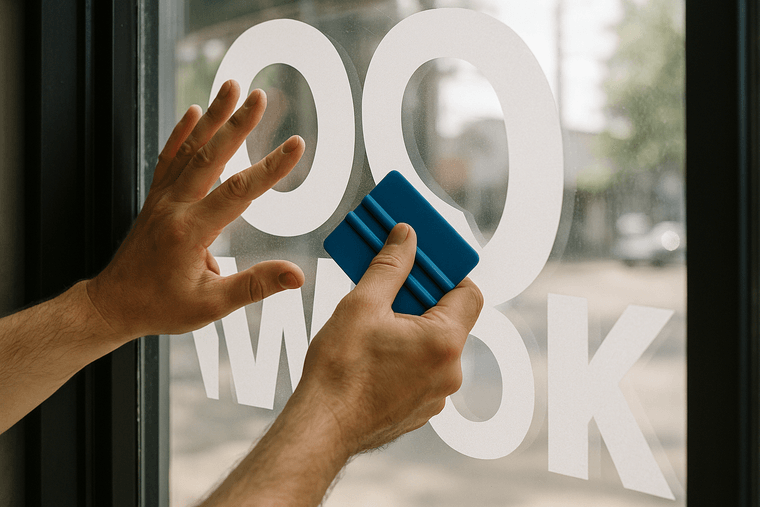 Hands applying a vinyl window graphic decal to storefront glass