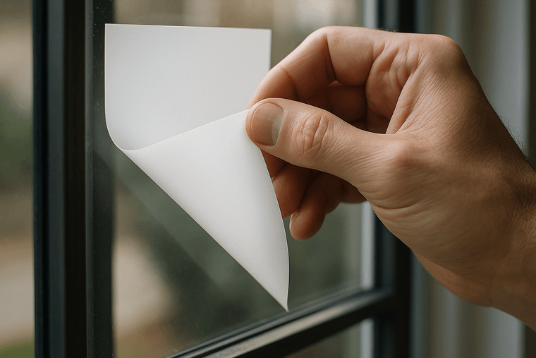 Removable static cling decal being peeled off a glass window pane
