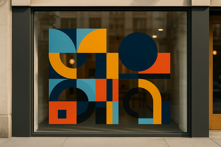 Storefront window with a colorful abstract geometric vinyl graphic applied